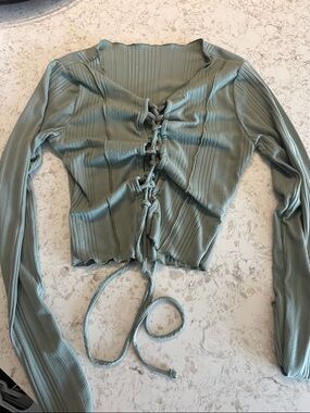 SHEIN Sage Green Ribbed Tie-Front Long Sleeve Crop Top